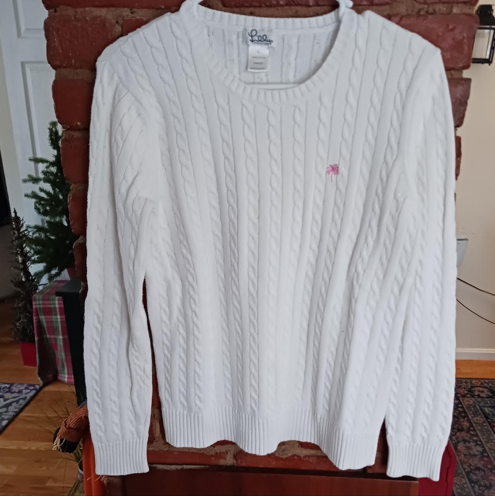 Lilly Pulitzer White Cotton Cable Long Sleeve Crewneck Pullover. Size L.
